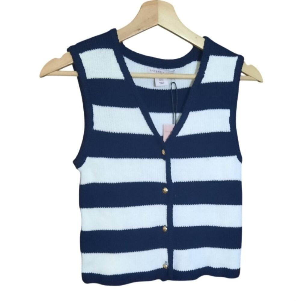 Sincerely Jules Womens Navy and White Stripe Button Front Sweater Vest Size XS